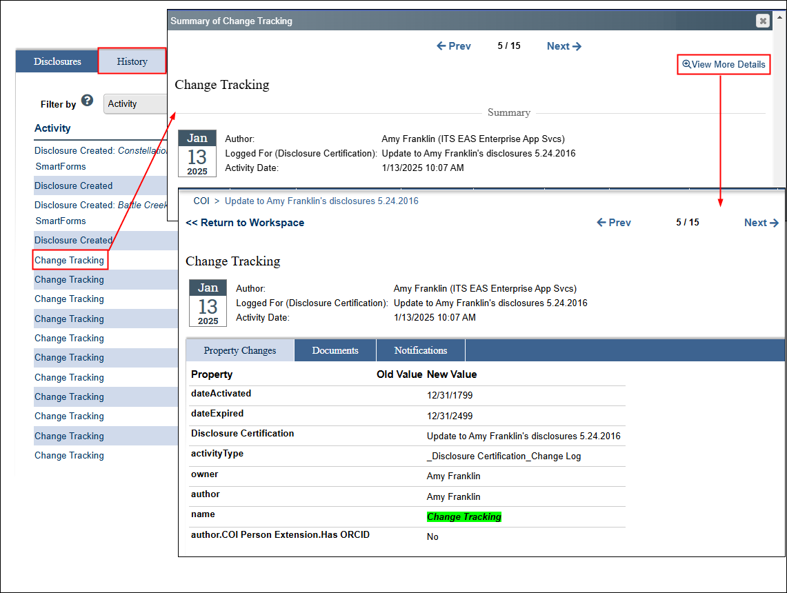 Disclosure Workspace Activity History windows