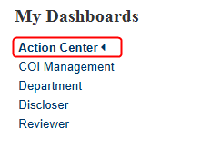 M-Inform Home My Dashboards menu, Action Center presently selected