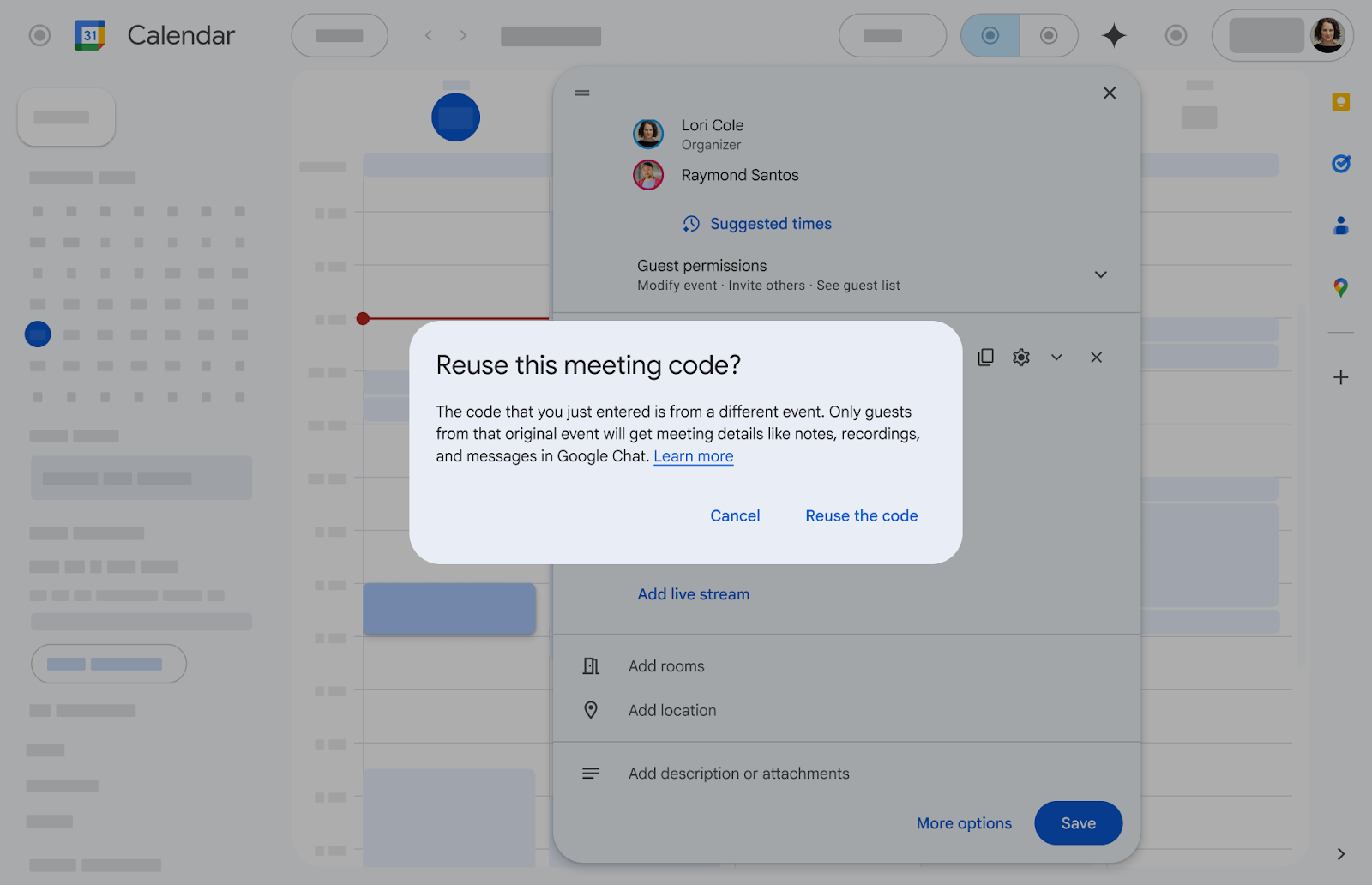 Google Calendar event view with new notification warning you that you're reusing a Google Meet meeting code