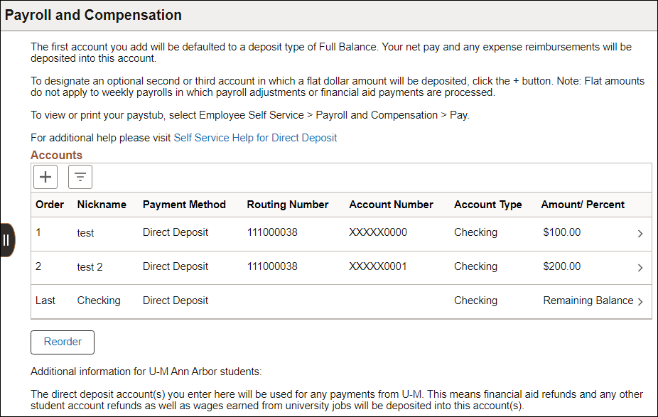 Direct Deposit Employee Self Service page