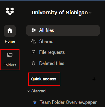 Section of the new left sidebar in Dropbox showing the "Quick access" section with a red box around it, as well as the new "Folders" tab also highlighted by a red box to the far left.