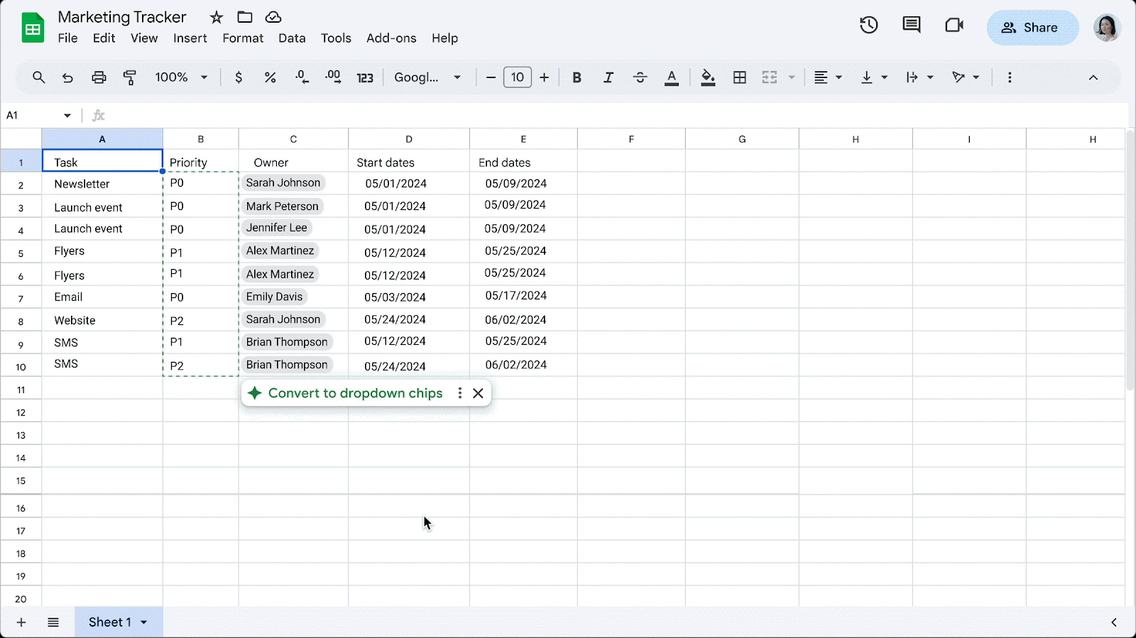 User clicks the new "Convert to dropdown chips" suggestion after selecting a range of data in a Google Sheets spreadsheet