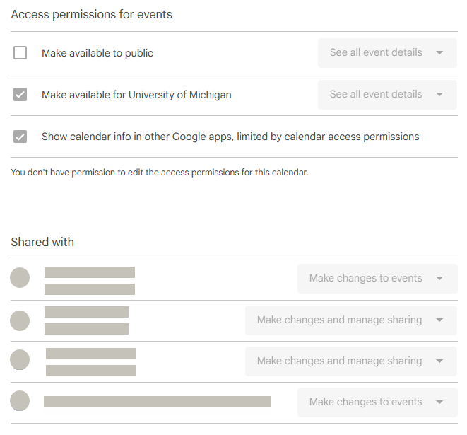 Access permissions and shared with sections of shared calendar settings in Google (as someone with "Make changes to events" permission)