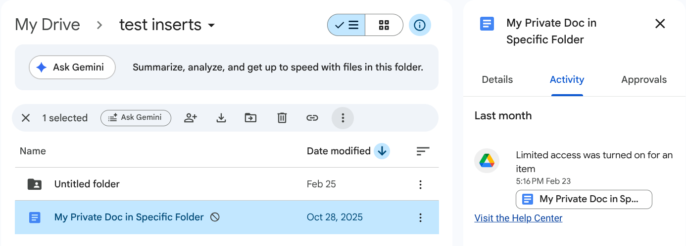Google My Drive file that has had limited access settings applied to it