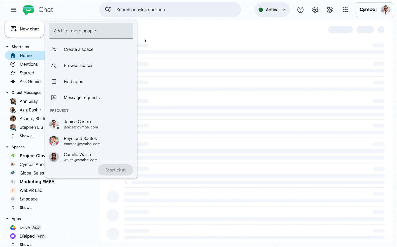 Google Chat home screen with the New chat menu open, showing someone adding external accounts to a group conversations