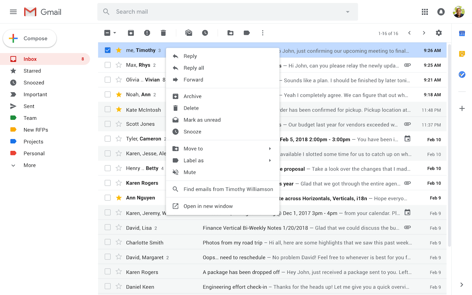 Gmail interface with new right-click feature