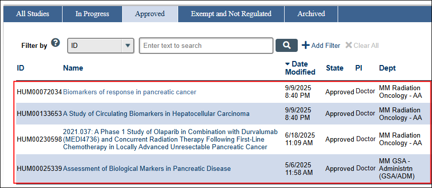 Human Subject Studies Approved tab