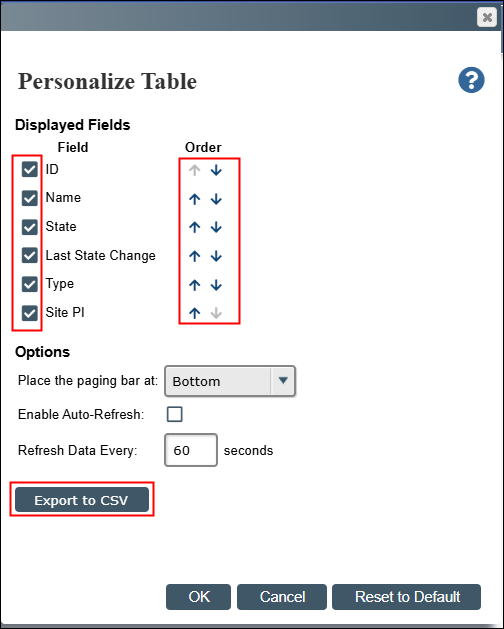 Personalize Table Window options