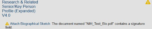 Biographical Sketch warning from eRPM screenshot