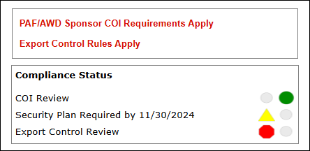 SUBK Workspace COI and Export Controls Apply message and Compliance Status meter