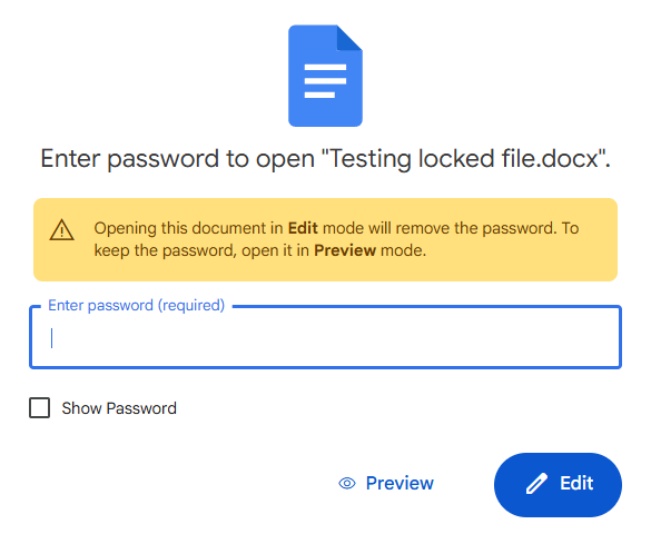 New enter password screen when opening a password-protected Microsoft Word file in Google Drive