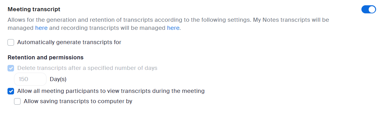 The new Meeting transcript settings in the Zoom web portal