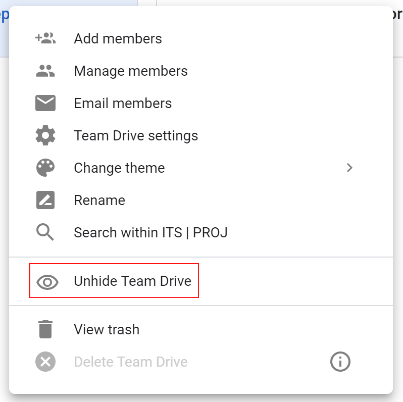 Screenshot of the dropdown menu on a Team Drive, with a red box around "Unhide Team Drive"