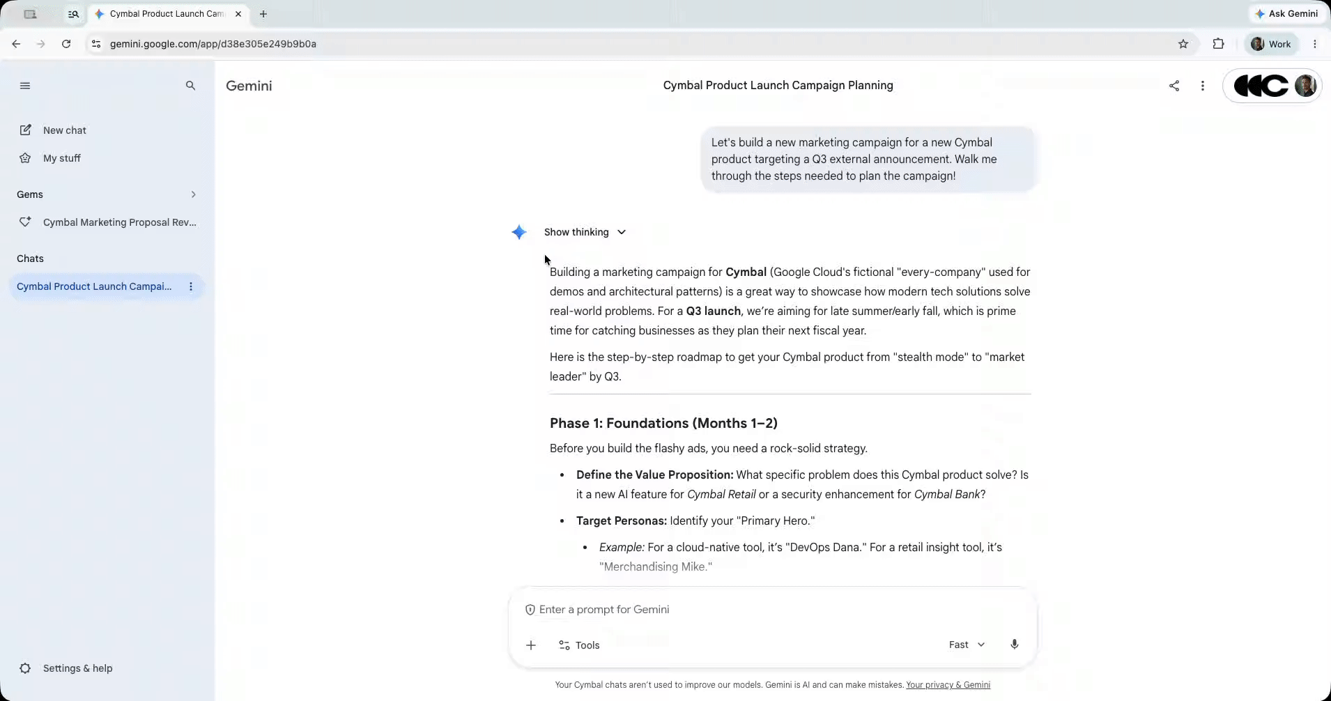 Google Gemini chat on the web, where someone is opening the new sharing dialog to share the chat in Drive