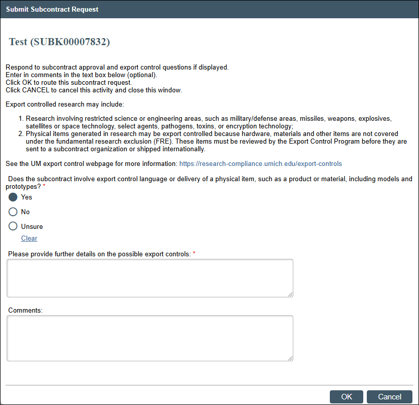 Submit Subcontract Request window in eRPM