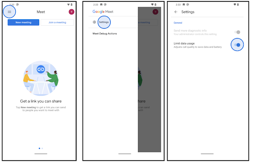 Screenshot of a Android device, Going into Google Meet panel via top left button, entering settings and enabled Limit Data Usage