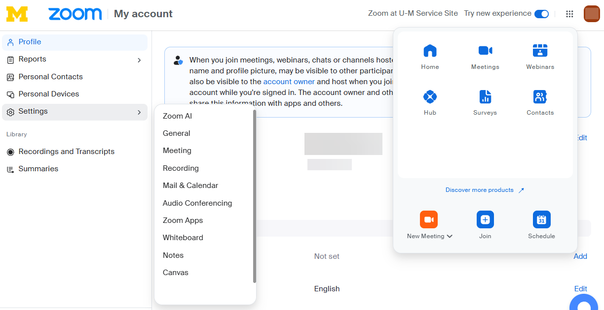 Profile page of new Zoom web portal experience with both the new waffle menu and Settings menu drop-downs open