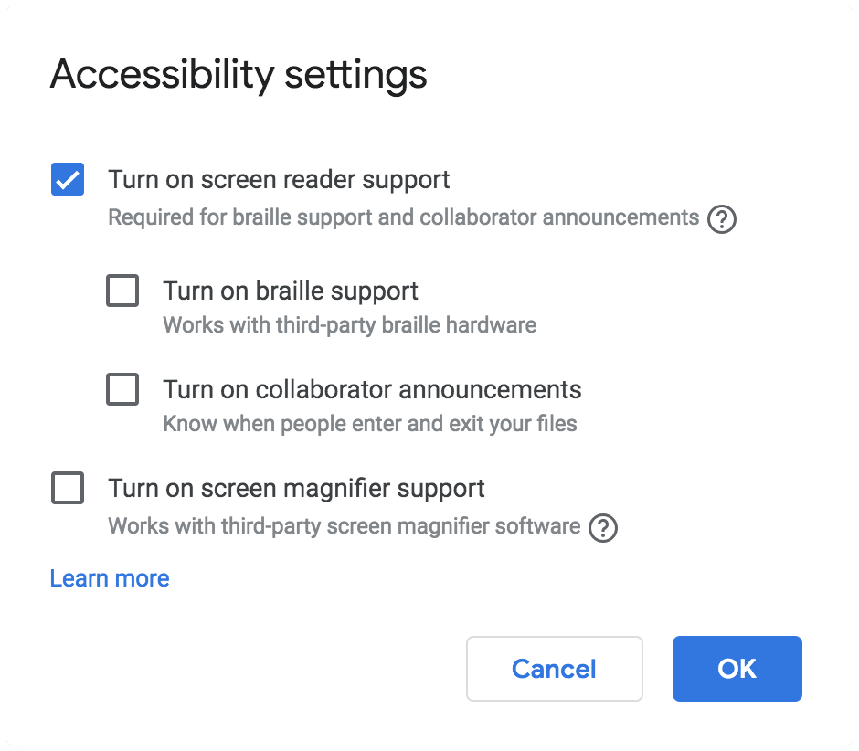 Google accessibility settings popup menu selection
