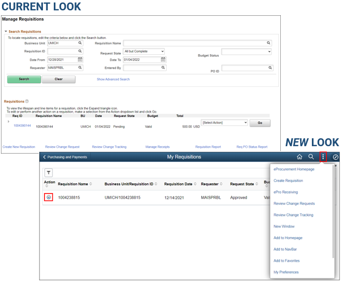 Manage Requisitions Current Look and New Look