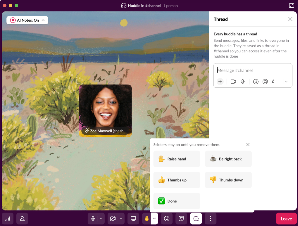 Slack Huddle window interface showcasing the new hand-raise option and redesigned toolbar.