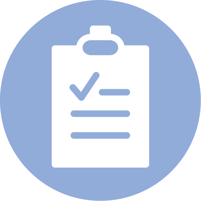  a circle icon with a clipboard showing a checkmark and text.