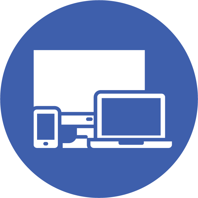  Icons of a desktop, laptop, and mobile device together superimposed on a circle.