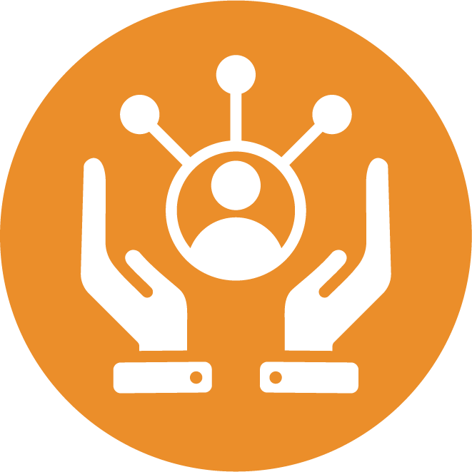  an icon of a person, with spokes of connection radiating from it, hovers above a pair of outstretched hands.