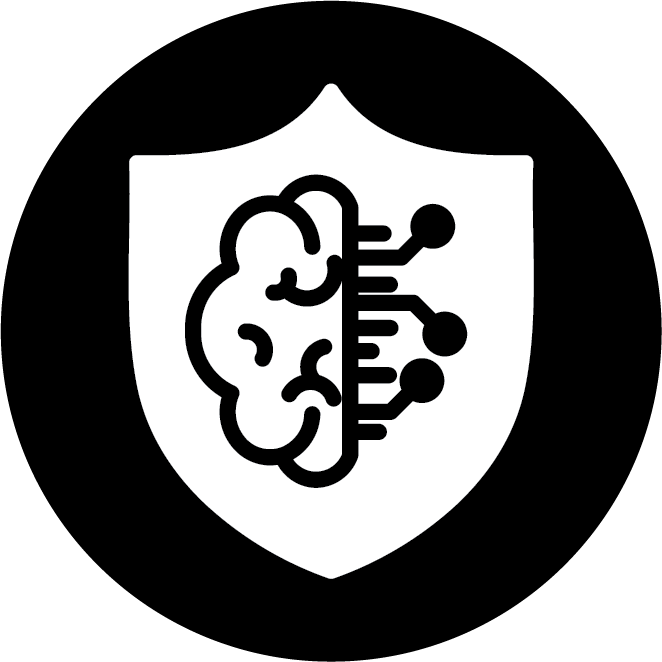  Icon of a brain merging with a circuit diagram, superimposed on a shield