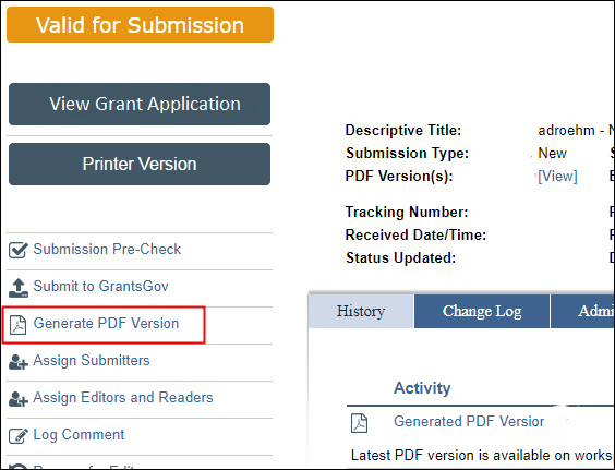 SF424 workspace highlighting Generate PDF Version link