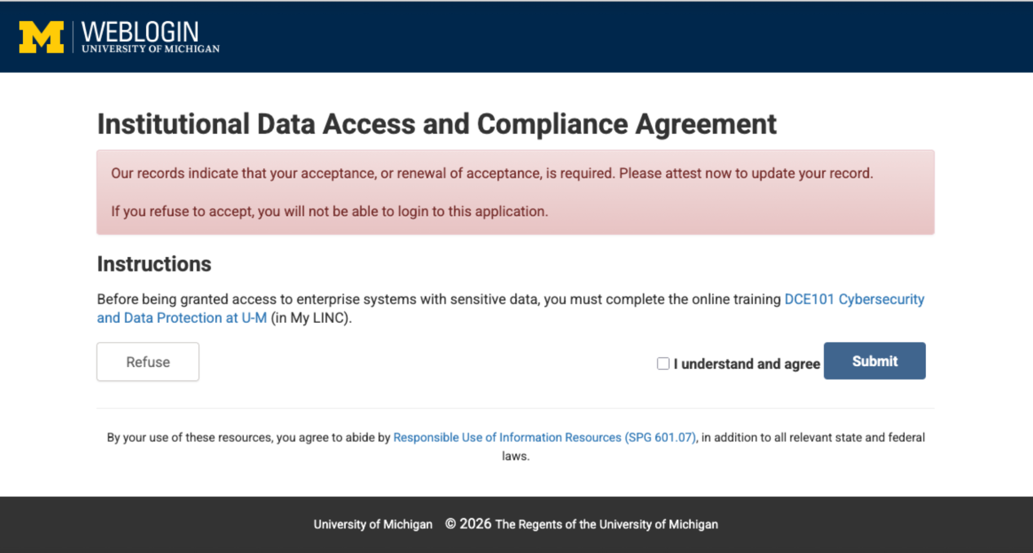 Screenshot of Institutional Data Access and Compliance Agreement