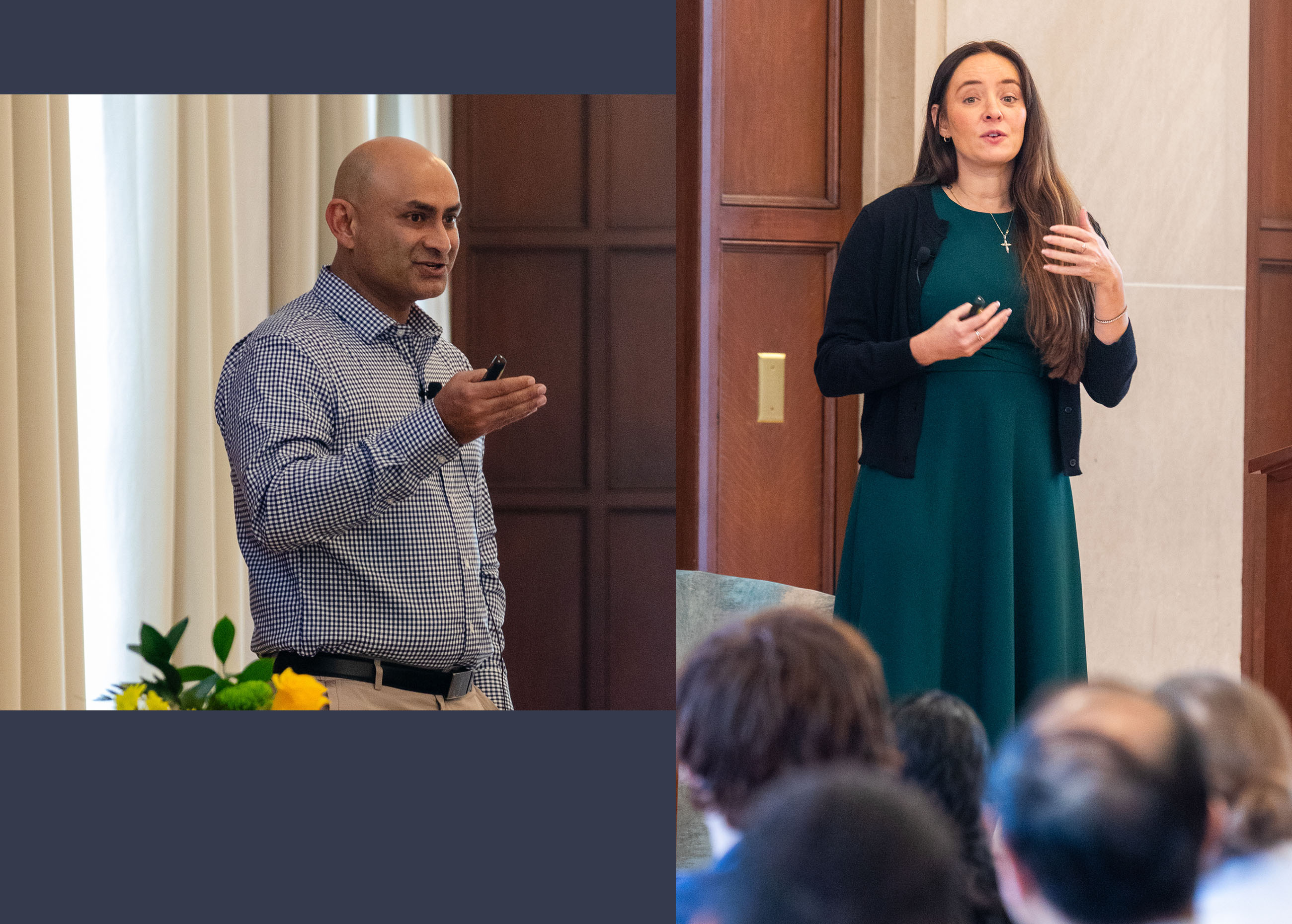 A side-by-side image of two presenters. The image on the left shows a close-up of a presenter wearing a blue gingham shirt. The image on the right features a presenter in a teal-green dress.