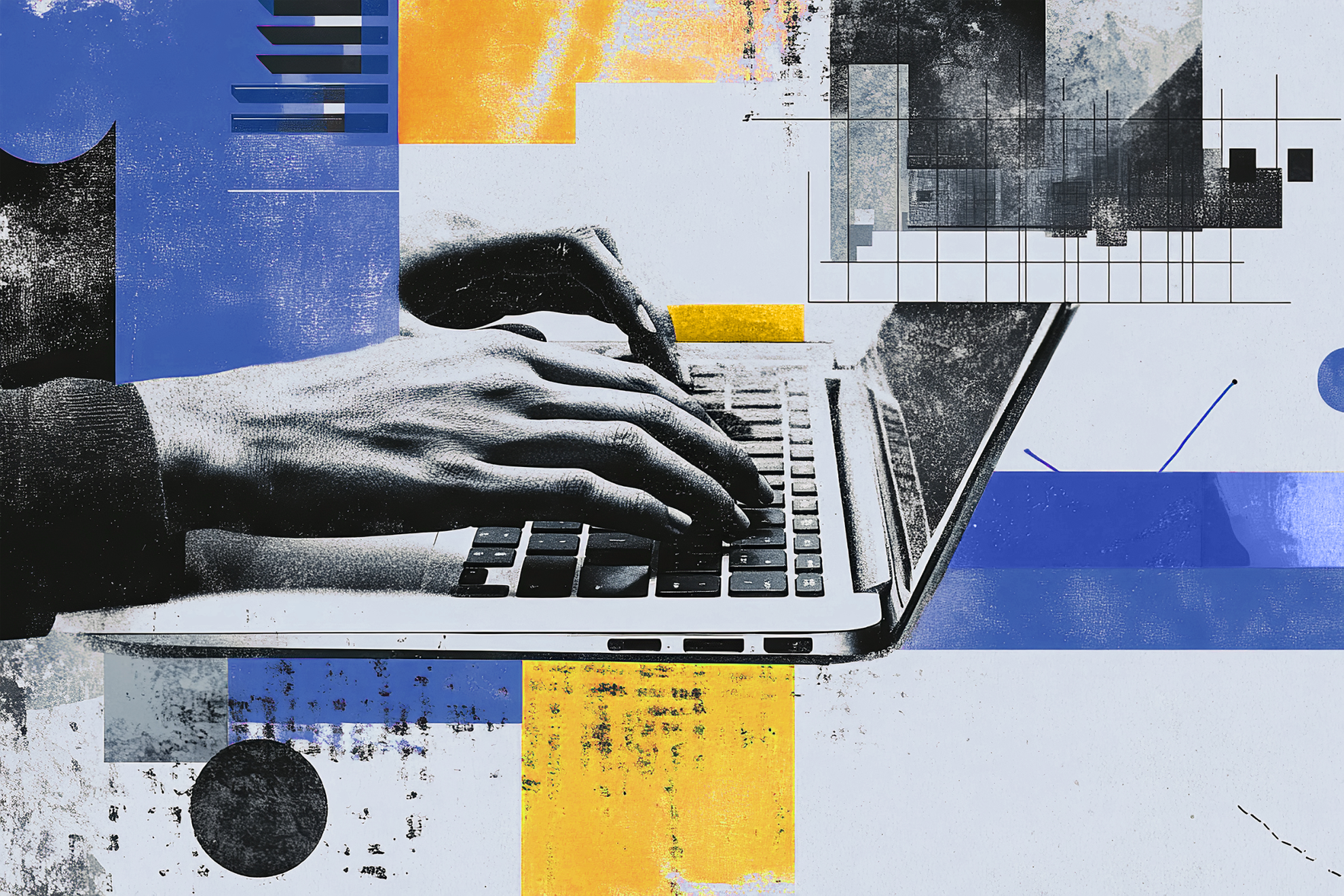 A pair of hands type on a laptop, amidst abstracted blue and yellow shapes.