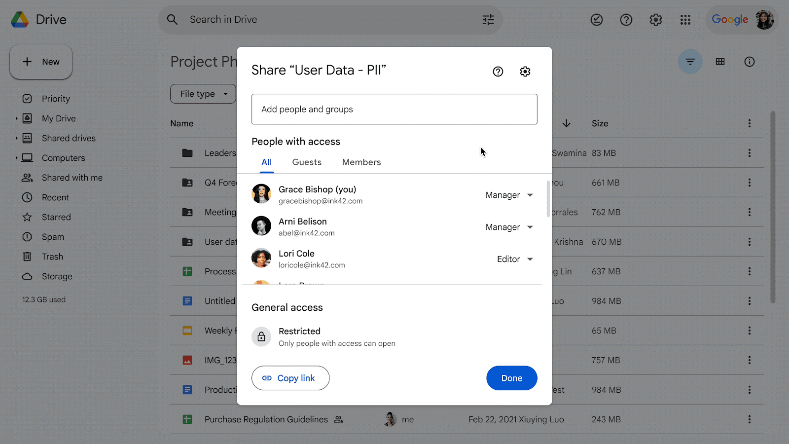 Sharing dialog is open for a folder in a Google shared drive and the individual is going to the settings and checking the "Limit access" box to restrict the folder