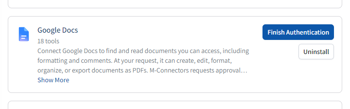 Finish Authentication or Uninstall M-Connector