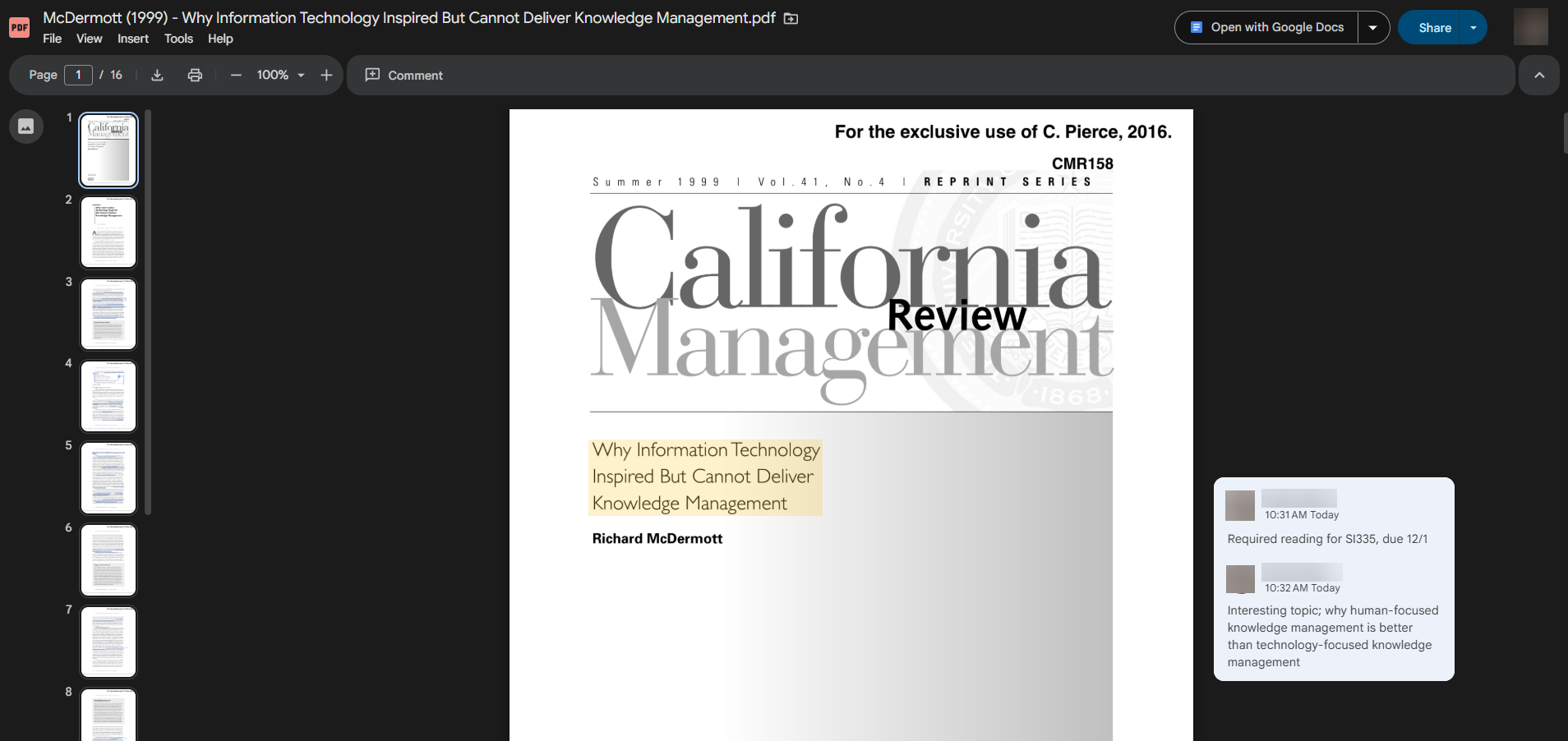 A preview of the new Drive web viewing experience for PDFs in dark mode. The image highlights a clean interface featuring a main document view flanked by sidebars for page navigation and comments.
