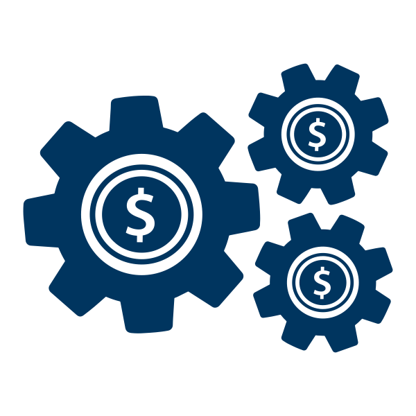 Three interlocking gears with dollar signs at their centers