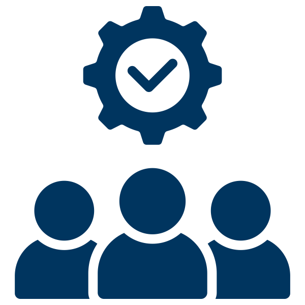 A gear containing a checkmark, above three people