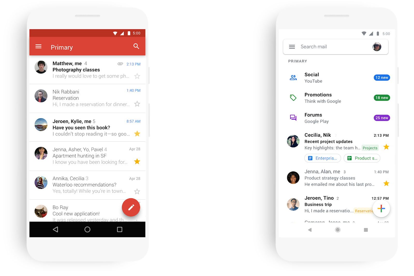 Interface comparison between old gmail and new gmail app