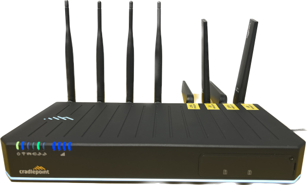 A black router with blue lights and six antennae.