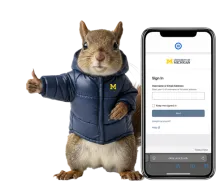 Squirrel giving thumbs up standing next to phone showing new Okta sign-in page
