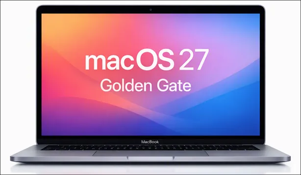 Open Macbook with the text macOS 27 Golden Gate displayed on the screen