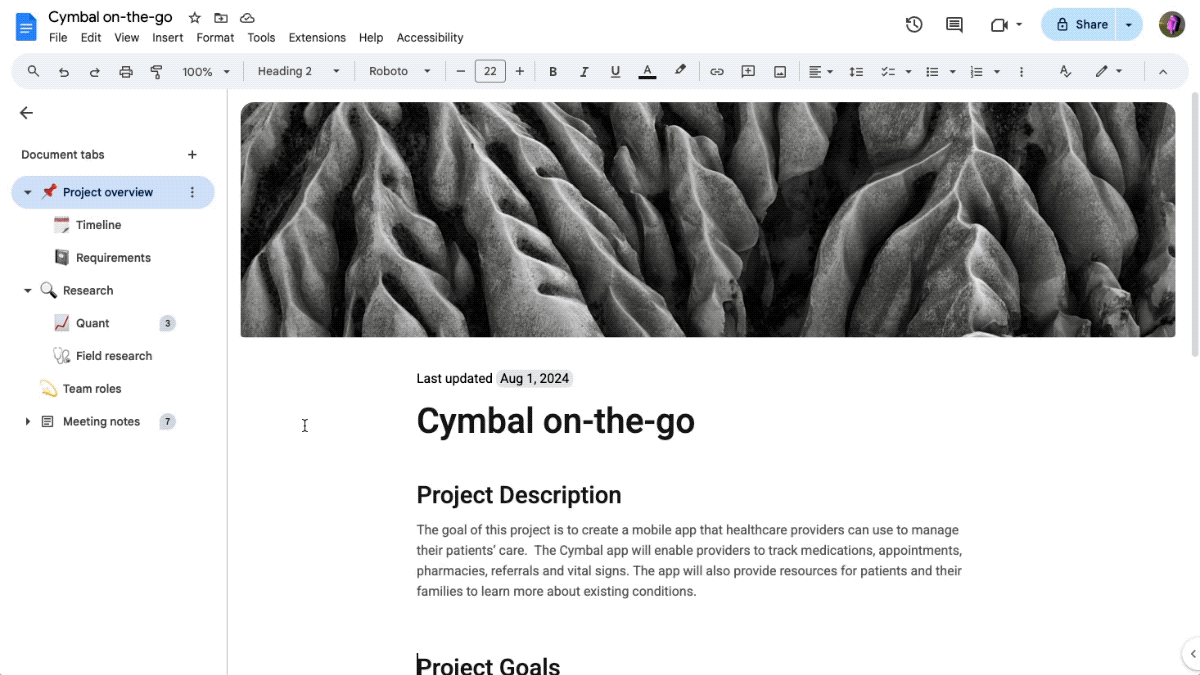 A user creates and customizes a new document tab in Google Docs