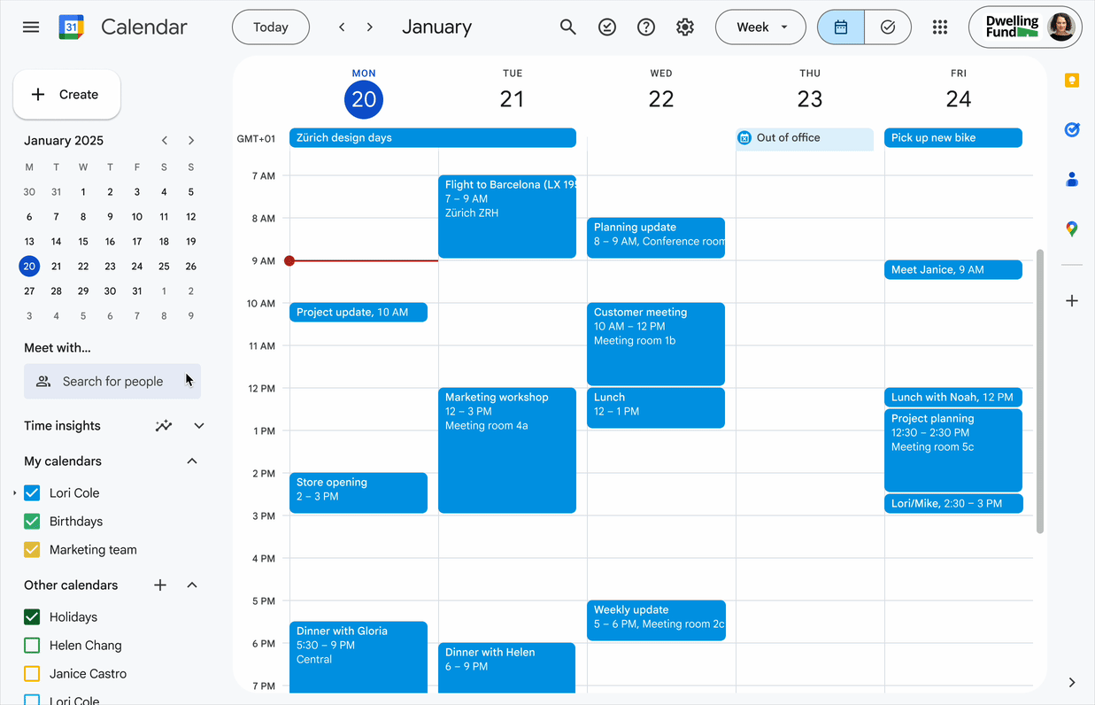Google Calendar showing the creation of a task time-block. The mouse cursor clicks on a blank space in the calendar grid and drags downward, instantly generating a new event block. This action demonstrates how to block time for specific tasks within the weekly schedule.
