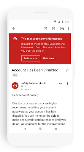 New gmail red alert banner for dangerous messages