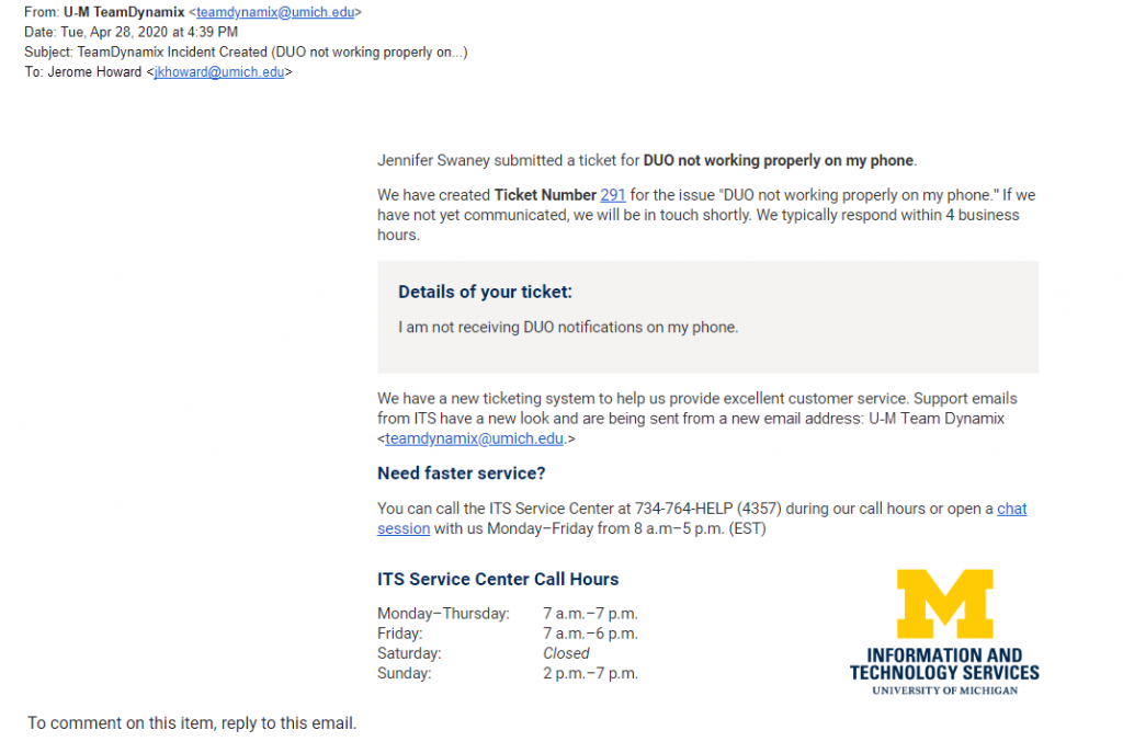 Sample of the new format for the return ITS Service Center emails