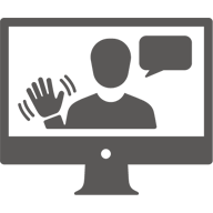 Monitor shows a person waving and speaking