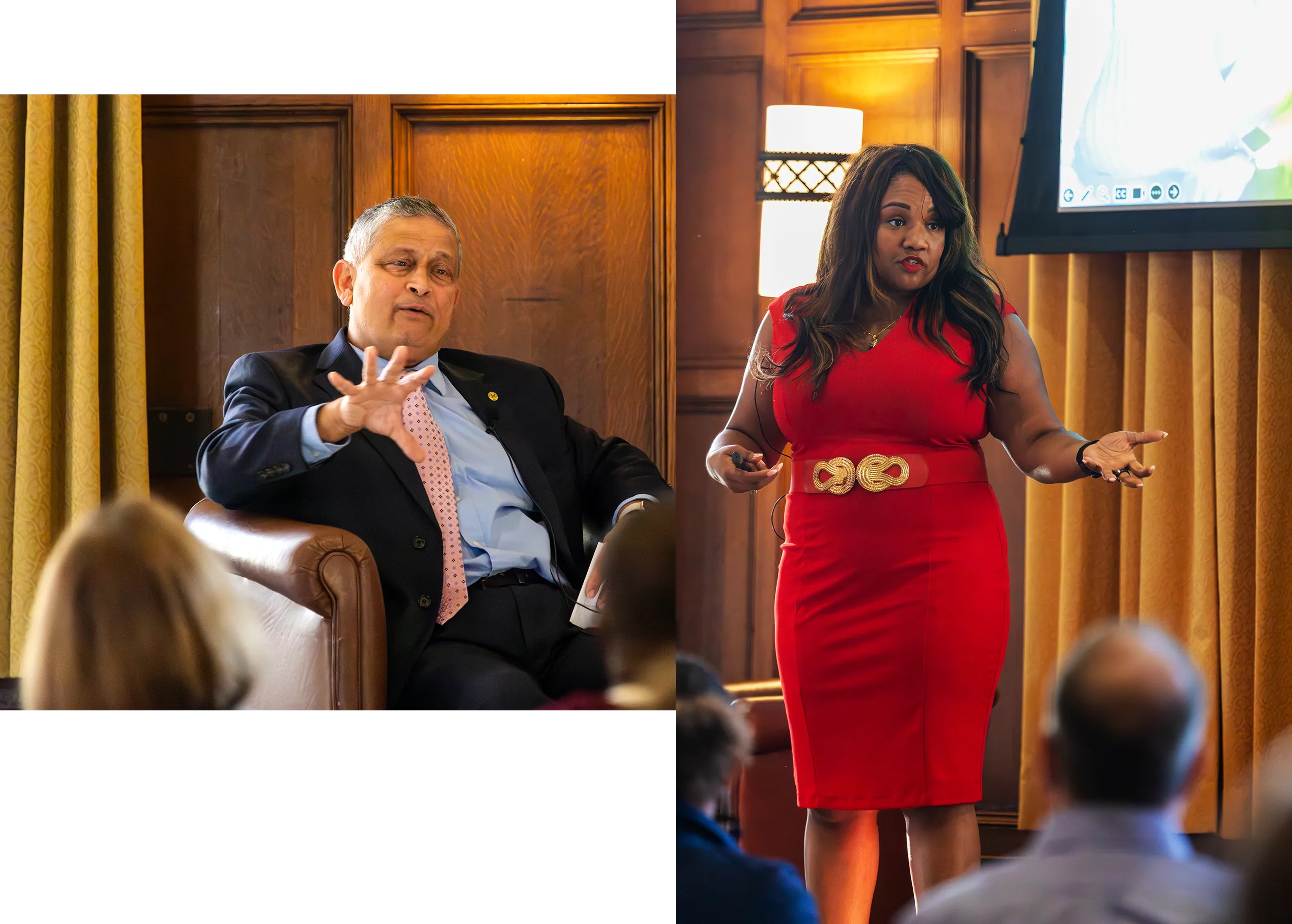 Collage of Ravi Pendse seated and Mimi Brown on the dais speaking to conference attendees
