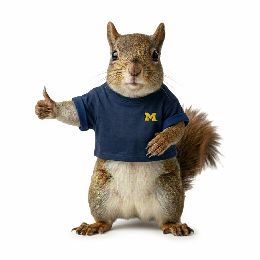 A squirrel in a U-M tee gives a thumbs-up.
