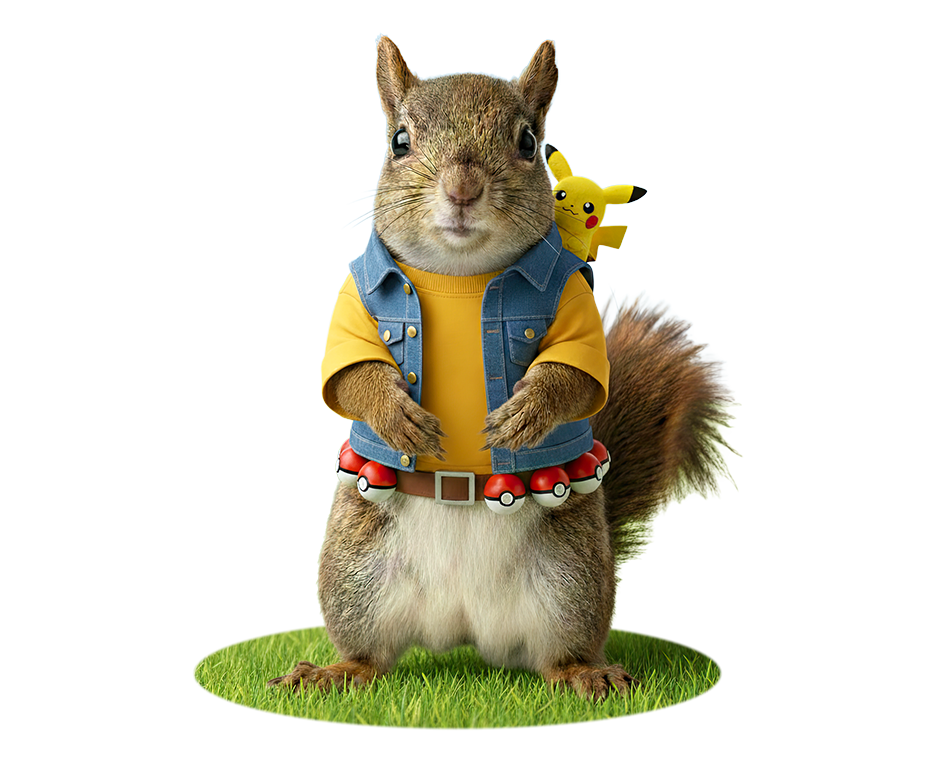 A squirrel wearing a Pokemon hunter outfit stands with Pikachu looking over their shoulder.