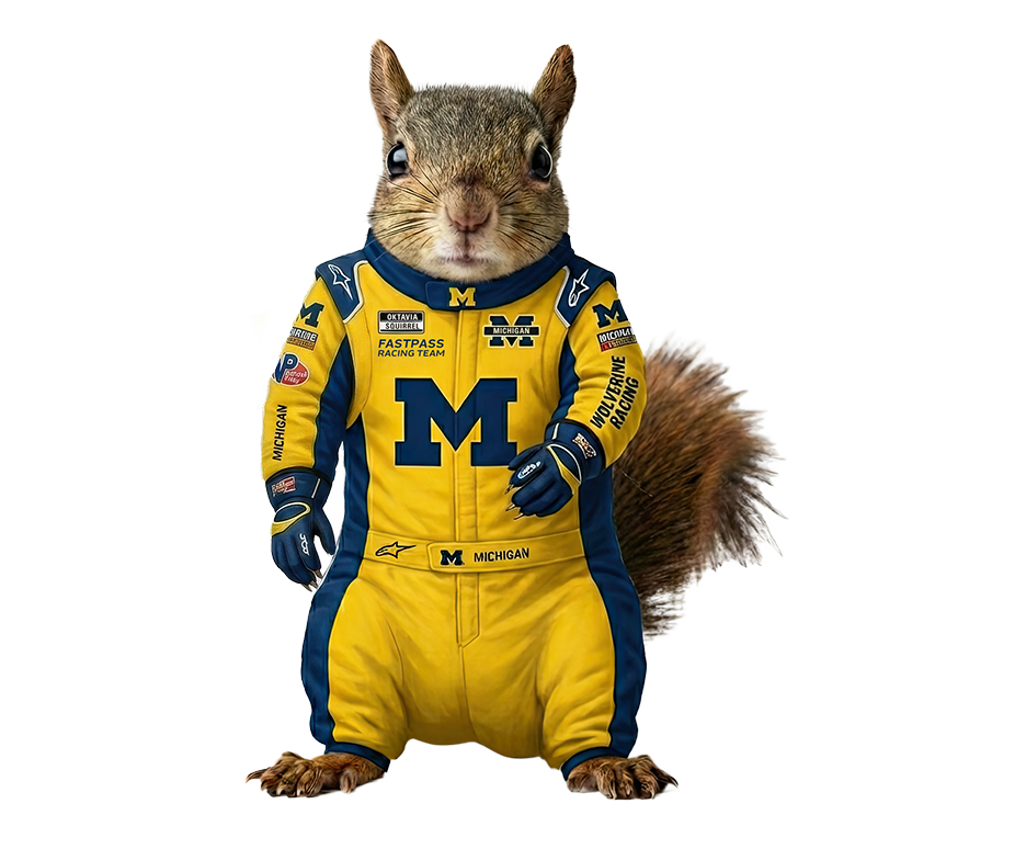 A squirrel wearing a University of Michigan auto racing uniform.